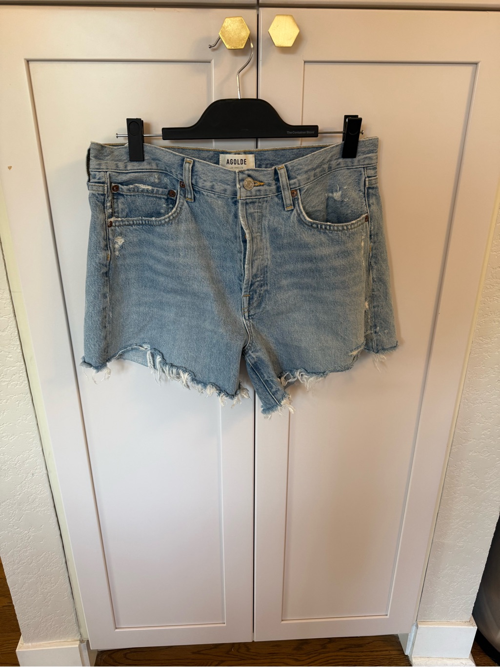 Agolde Parker Long Light Blue Frayed Hem Denim Cutoff Shorts